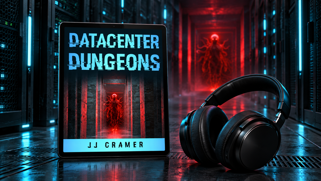 Datacenter Dungeons audiobook cover beside black headphones in a dark datacenter corridor lit in cyan and red.